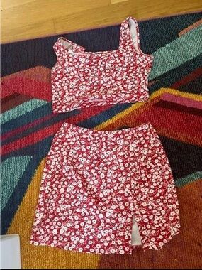 SHEIN Red Floral Two-Piece Skirt Set